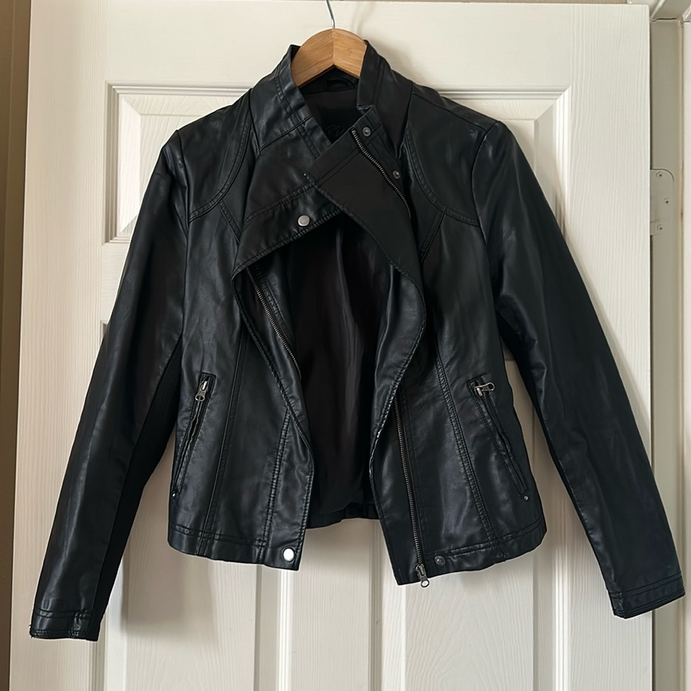 Black faux leather jacket with silver buttons